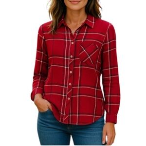 RW&CO Burgundy Plaid Brushed Viscose Button Up Shirt Hi Low Long Sleeve Size XS